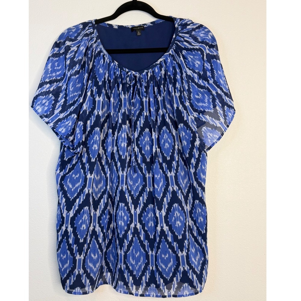 Talbots Women's XL Blue Ikat Print Chiffon Blouse Flutter Sleeve Tie Neck Top